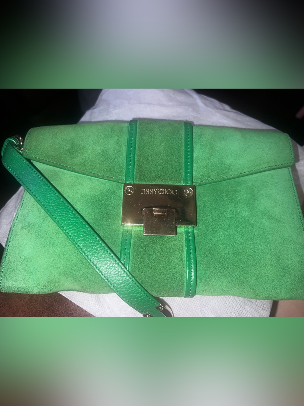 Jimmy Choo Green Suede Wristlet Clutch with Gold Hardware